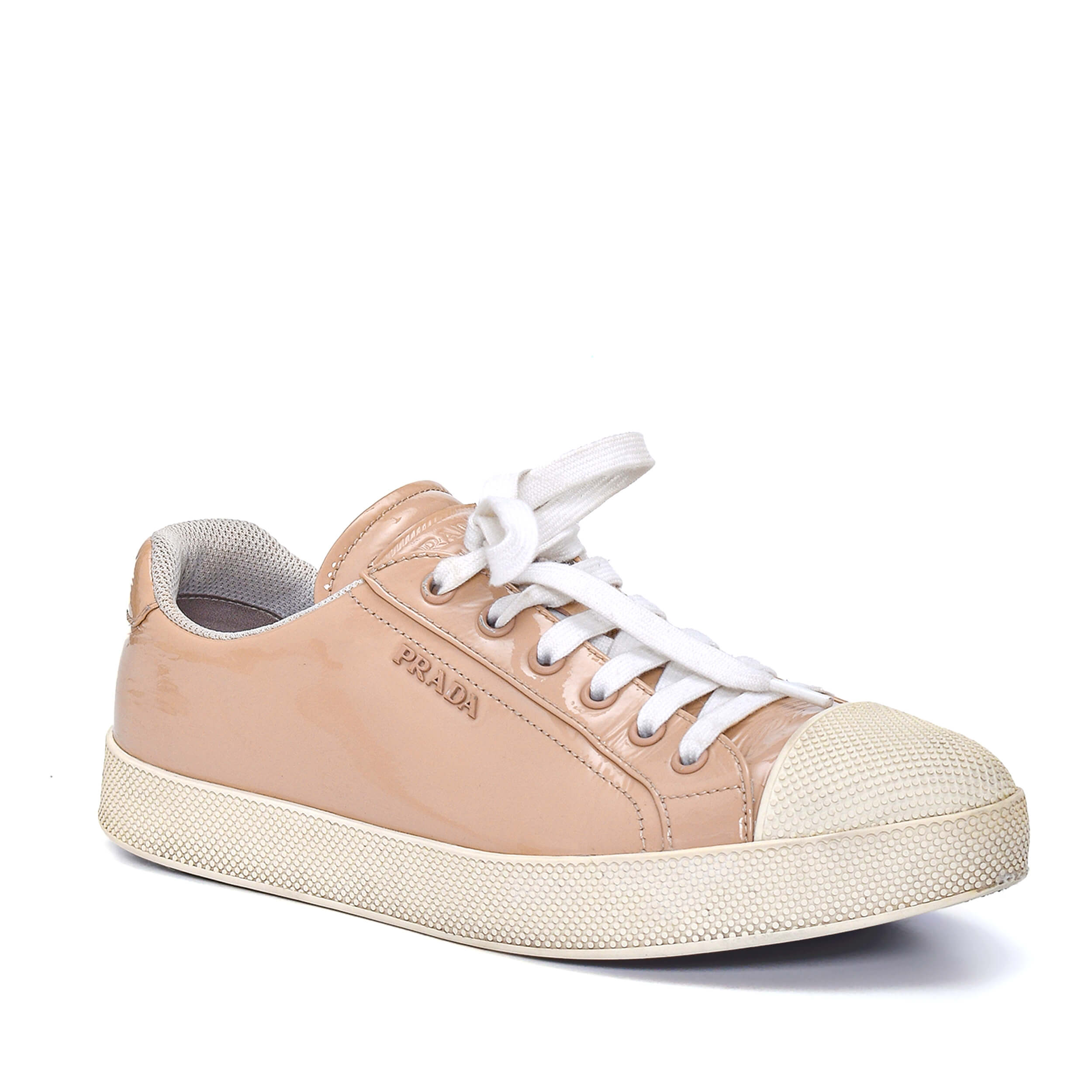 Prada - Beige Patent Leather Lace Up Sneakers